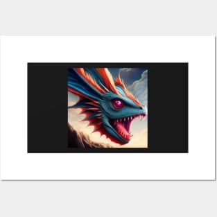 Long Necked Blue and Red Dragon with Purple Eyes Posters and Art